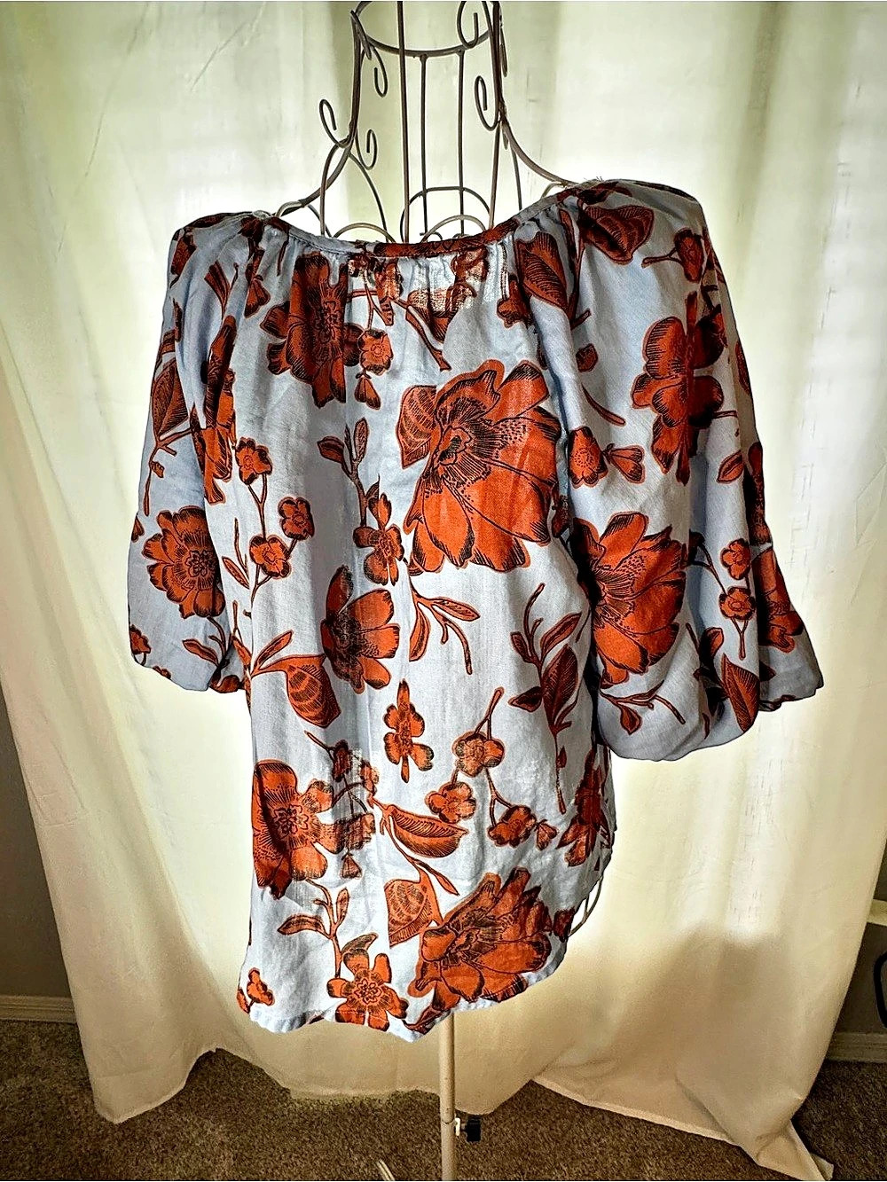 ANA Floral Cotton Blouse in Blue & Brown Size Medium